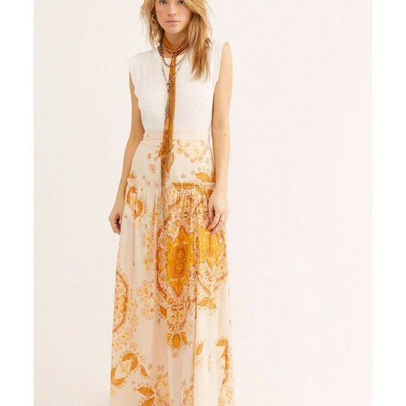 Free People Farrah Drop Waist Maxi Skirt Printed Tiered Ivory Combo Size 0 - Picture 2 of 12